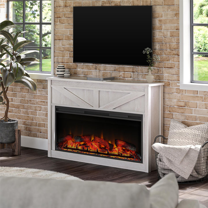 Farmington Wide Modern Farmhouse Mantel with Electric Fireplace - Ivory Oak