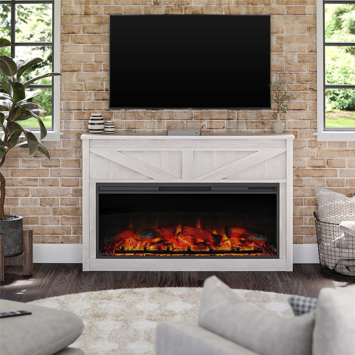 Farmington Wide Modern Farmhouse Mantel with Electric Fireplace - Ivory Oak