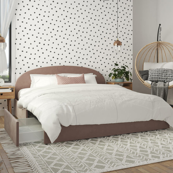 Moon Upholstered Bed with Rounded Headboard and 4 Storage Drawers - Blush - King
