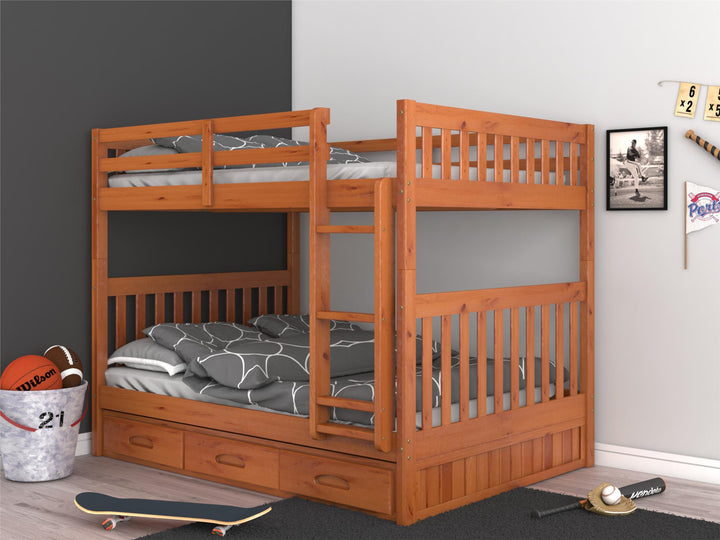 Full stacked bed with triple drawer feature - Honey