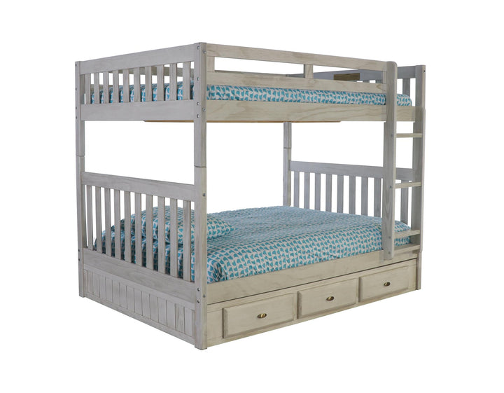 Bunk configuration with full beds and 3 storage slots - Ash