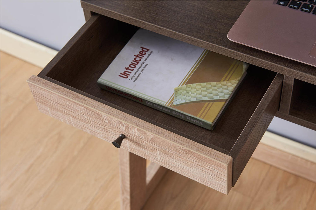 Mainstays Small Space Writing Desk with 2 Shelves, True Black Oak Finish