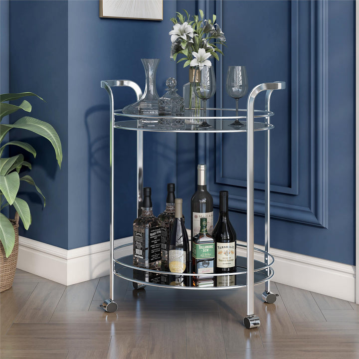 rolling kitchen cart with class shelves - Chrome