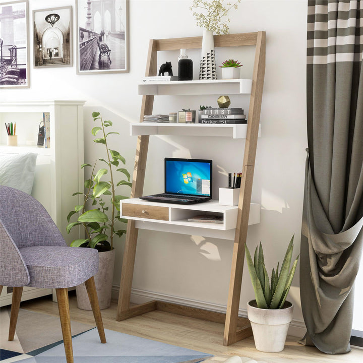 Pisa Leaning Writing Desk with Drawer and 2 Shelves - Natural/White