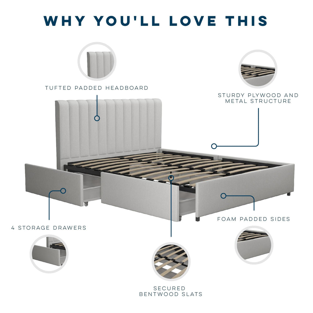 Brittany Upholstered Bed with Channel Tufted Headboard and Storage Drawers  - Light Gray - Queen