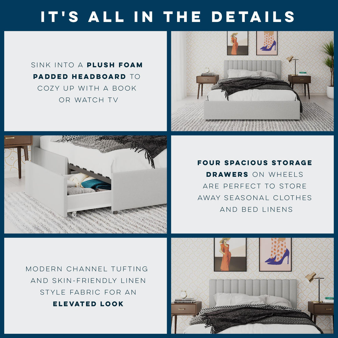 Brittany Upholstered Bed with Channel Tufted Headboard and Storage Drawers  - Light Gray - Queen