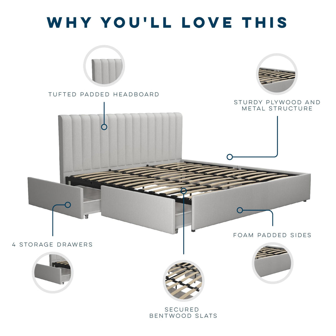 Brittany Upholstered Bed with Channel Tufted Headboard and Storage Drawers  - Light Gray - King