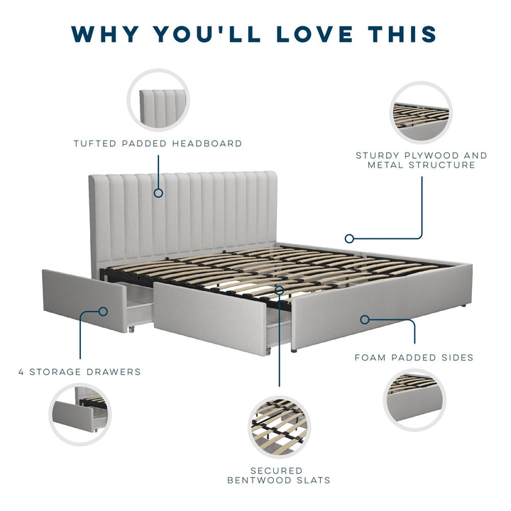 Brittany Upholstered Bed with Channel Tufted Headboard and Storage Drawers  - Light Gray - King