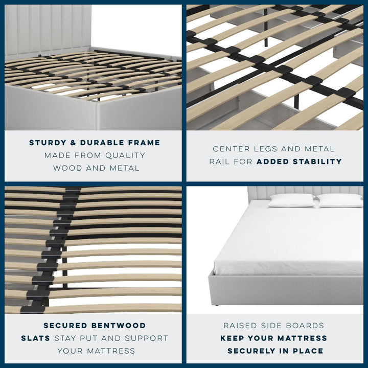 Brittany Upholstered Bed with Channel Tufted Headboard and Storage Drawers  - Light Gray - King