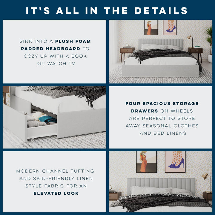 Brittany Upholstered Bed with Channel Tufted Headboard and Storage Drawers  - Light Gray - King