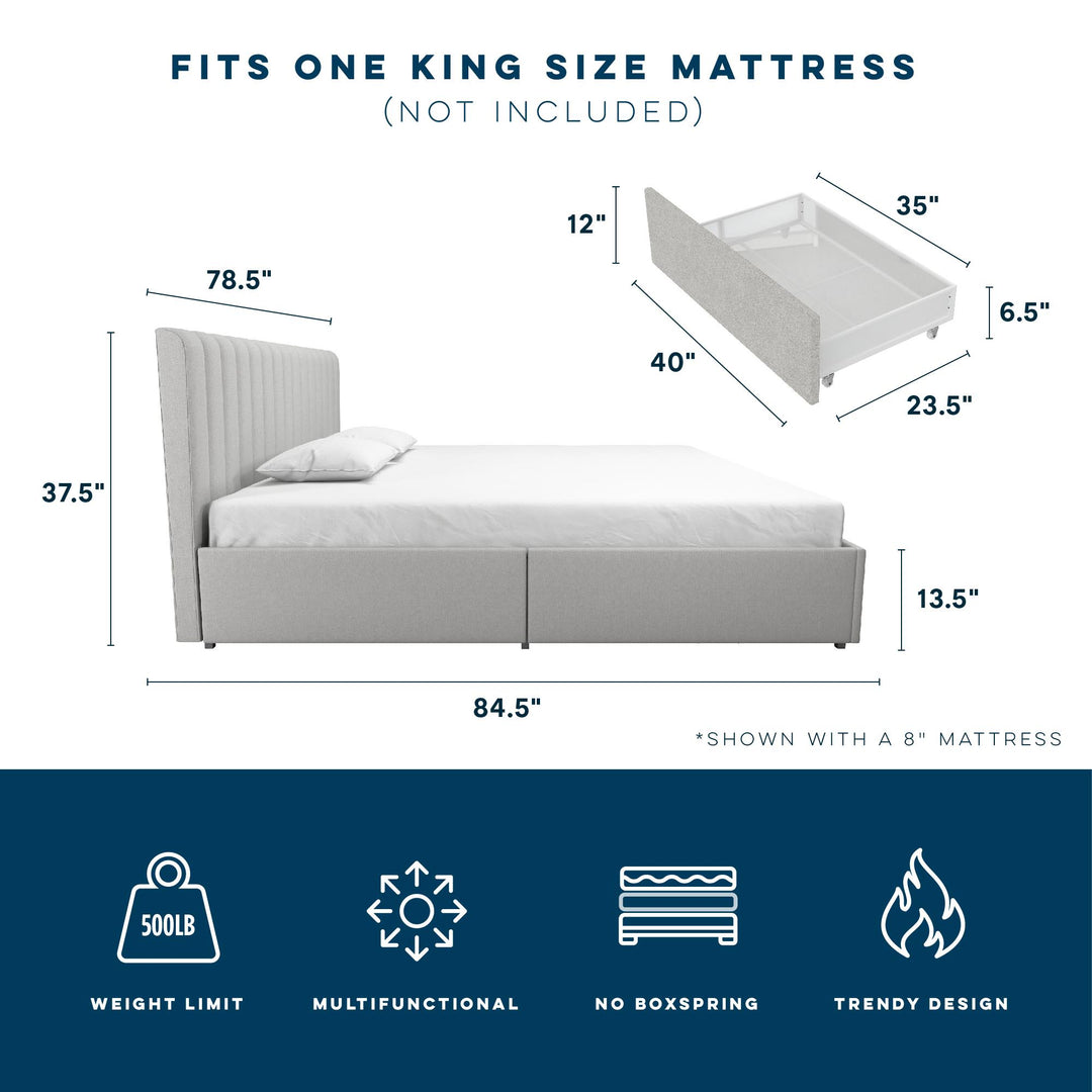 Brittany Upholstered Bed with Channel Tufted Headboard and Storage Drawers  - Light Gray - King