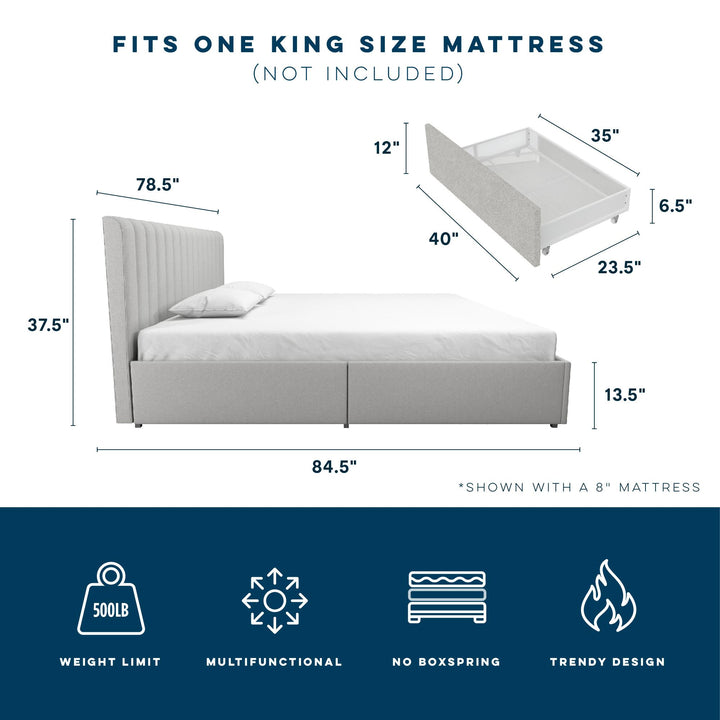 Brittany Upholstered Bed with Channel Tufted Headboard and Storage Drawers  - Light Gray - King