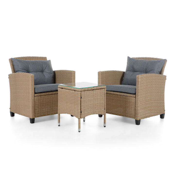 Wicker 3 Piece Patio Conversation Set with 2 Tufted Chairs and Glass Top End Table - Natural