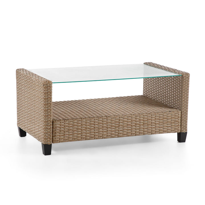wicker coffee table with glass top - Natural