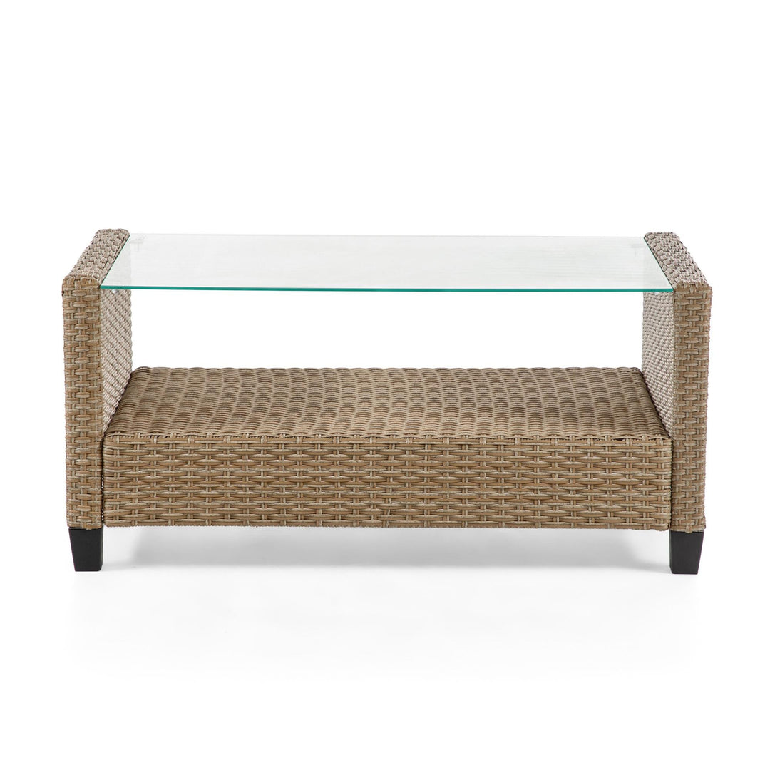 Wicker Patio Outdoor Glass Top Coffee Table - Natural