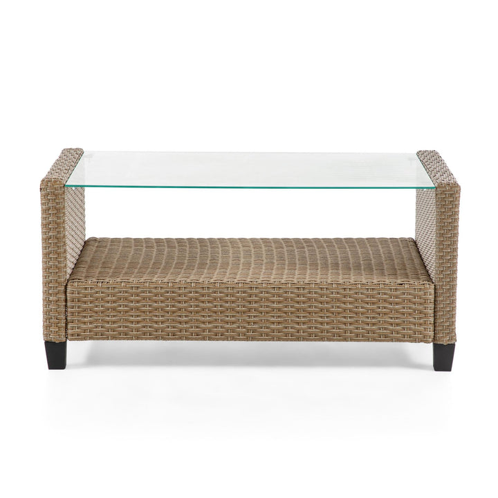 Wicker Patio Outdoor Glass Top Coffee Table - Natural