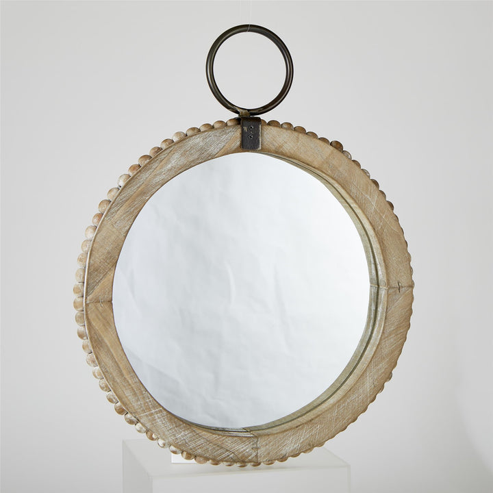 Wooden Hanging Mirror with Metal Hardware and Decorative Beads - Beige