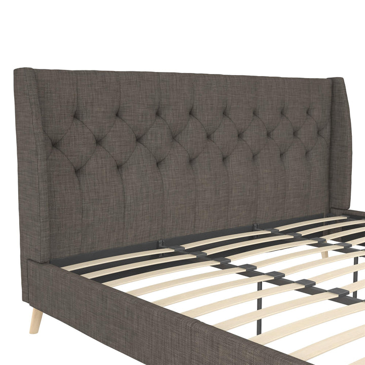 Her Majesty Wingback Bed with a Button Tufted Headboard and Tapered Wood Legs - Grey Linen - King