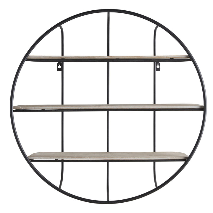Round Iron and Wood Wall Display with 3 Shelves - Black