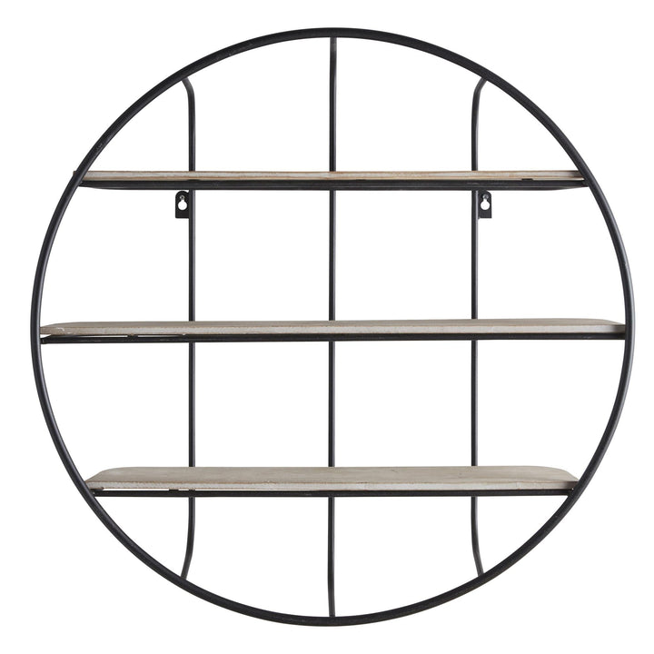 Round Iron and Wood Wall Display with 3 Shelves - Black