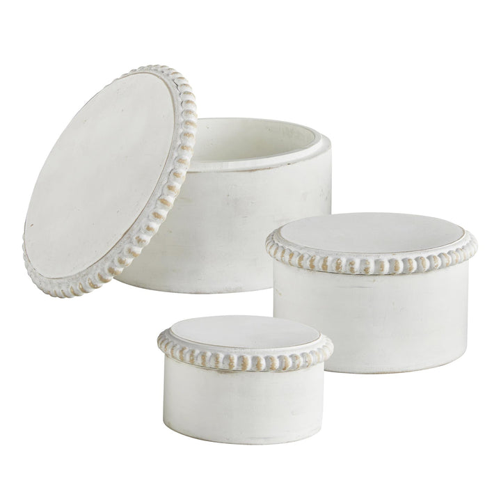 Rustic round boxes with decorative beadwork - White