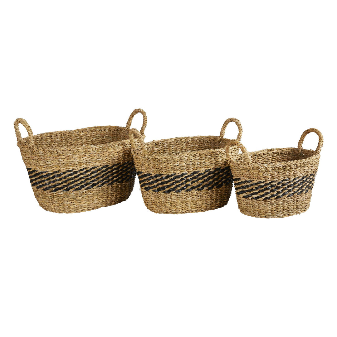 Set of 3 Seagrass Oval Baskets with Handles - Wheat
