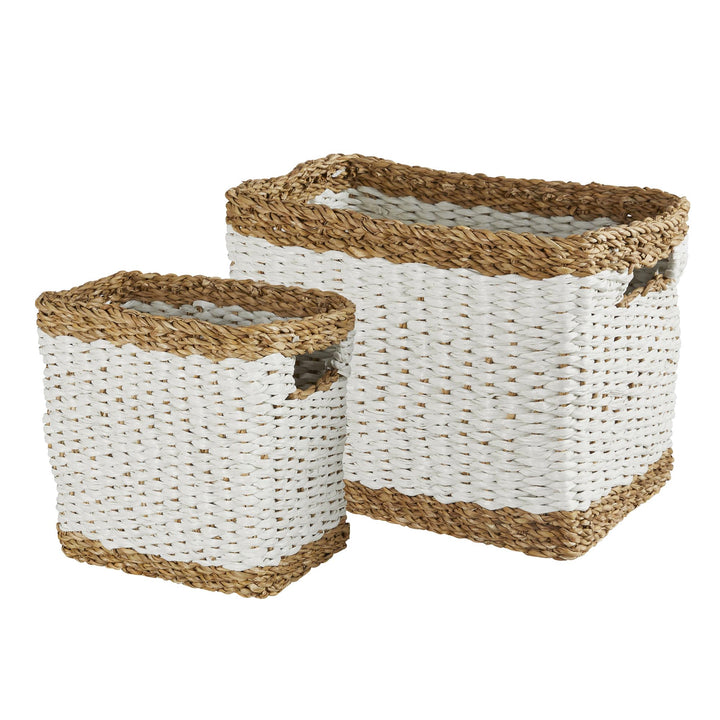 Set of 2 Rectangular White and Natural Baskets - White