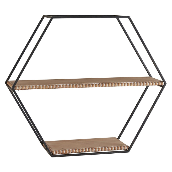 Hexagon Metal Wall Shelf with Wood and Beaded Accent - Beige