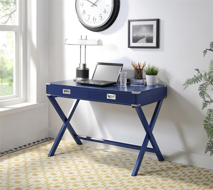 2 drawers writing desk with cross X base - Navy