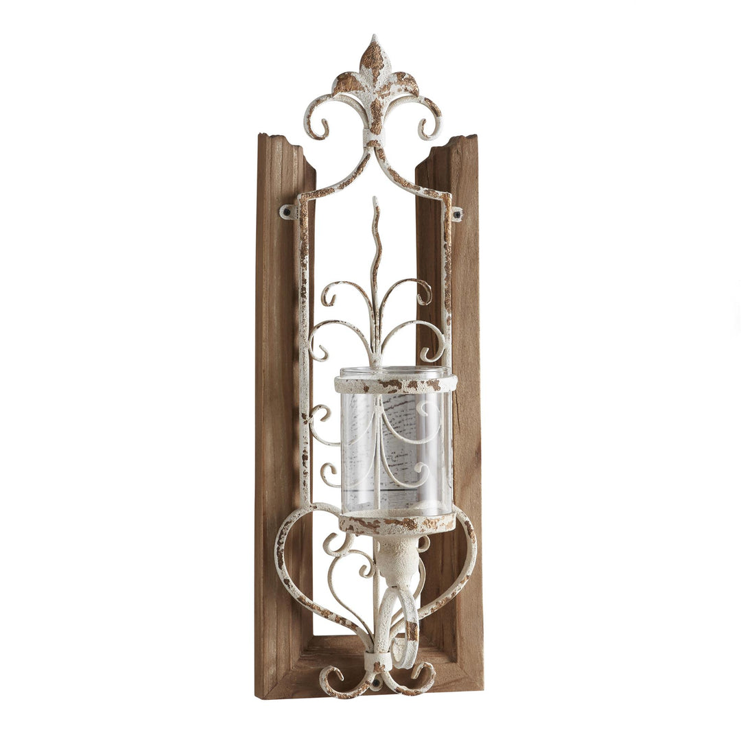Rustic  Wall Firwood Candleholder with White Metal Scroll Design - Antique White