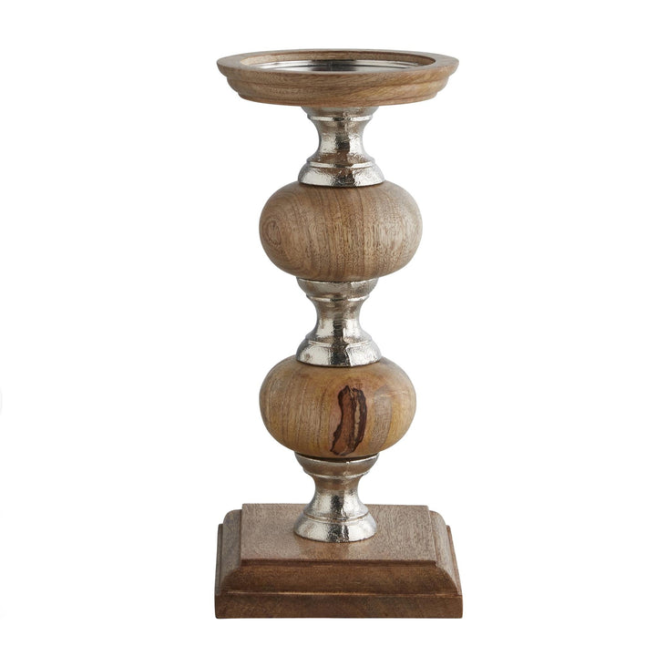 Medium Wooden Candleholder with Aluminum Accents - Aged Oak