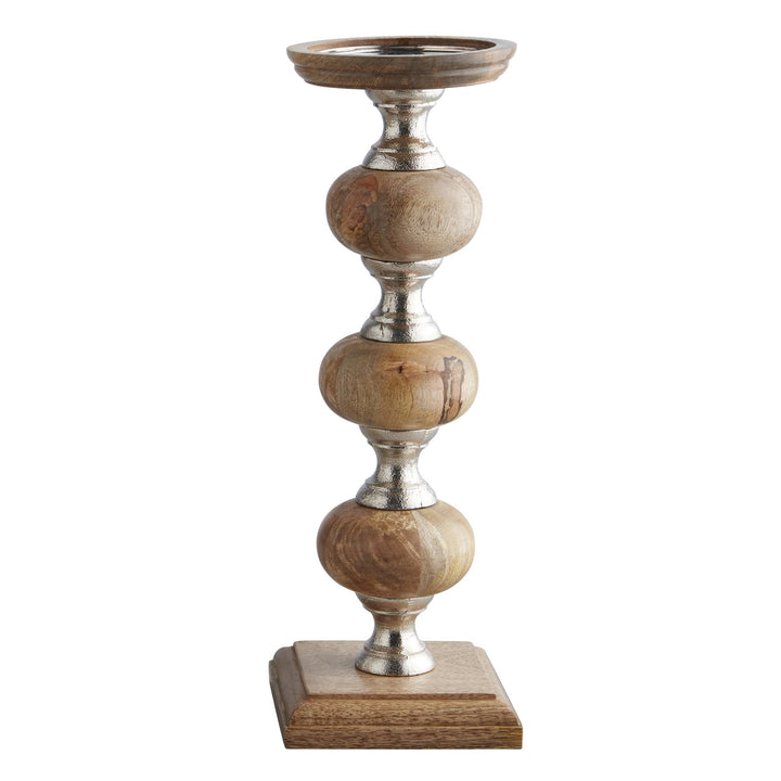 Large Wooden Candleholder with Aluminum Accents - Beige
