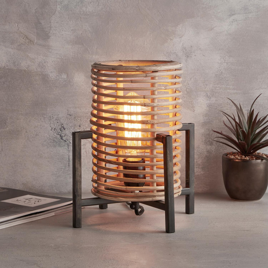 Natural Cane with Wood Pedestal Table Lamp - Natural