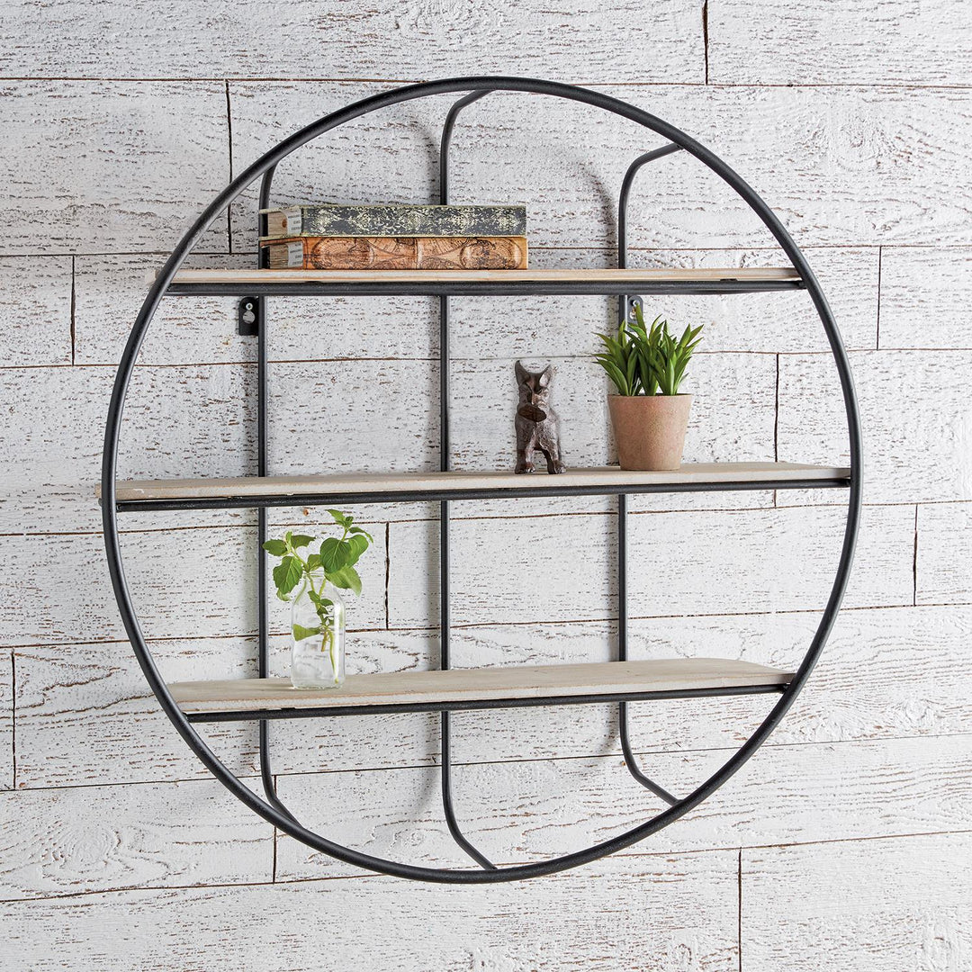 Round Iron and Wood Wall Display with 3 Shelves - Black