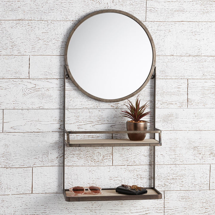 Round Iron Mirror with 2 Wood Shelves - Brass