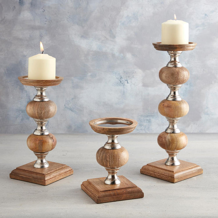Large Wooden Candleholder with Aluminum Accents - Beige