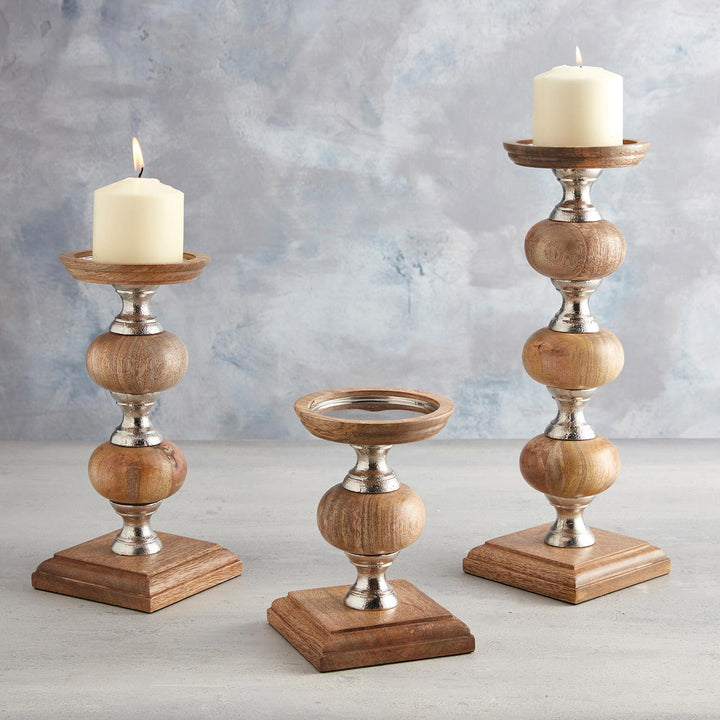 Medium Wooden Candleholder with Aluminum Accents - Aged Oak