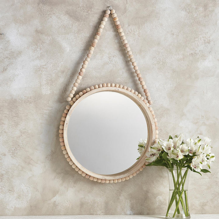 Mango Wood Hanging Mirror with Beaded Accent - Whitewash Oak
