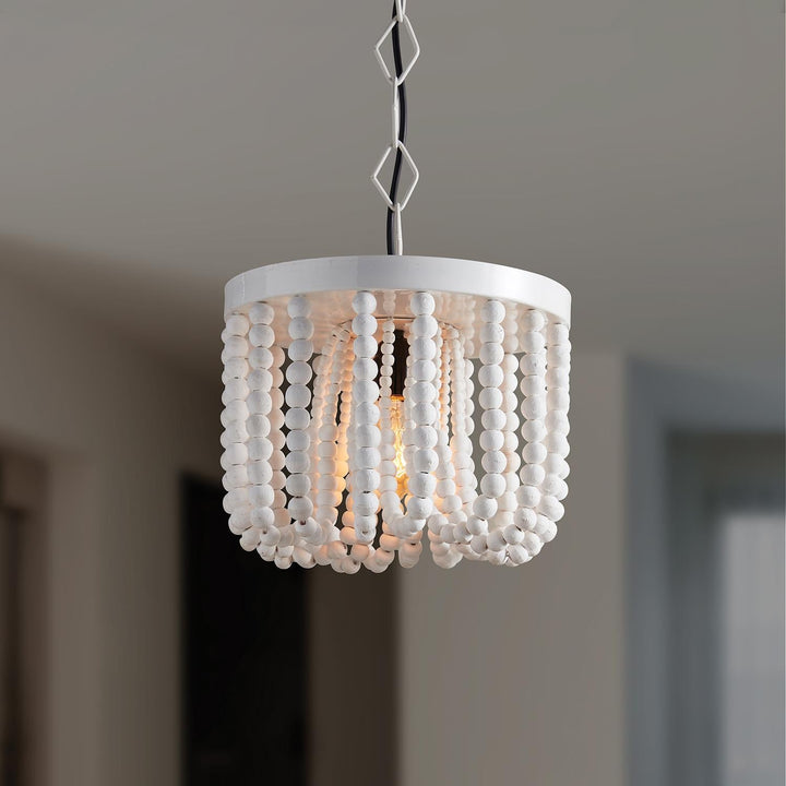 Iron, Rope and Mango Wood Beaded Hanging Lamp - White