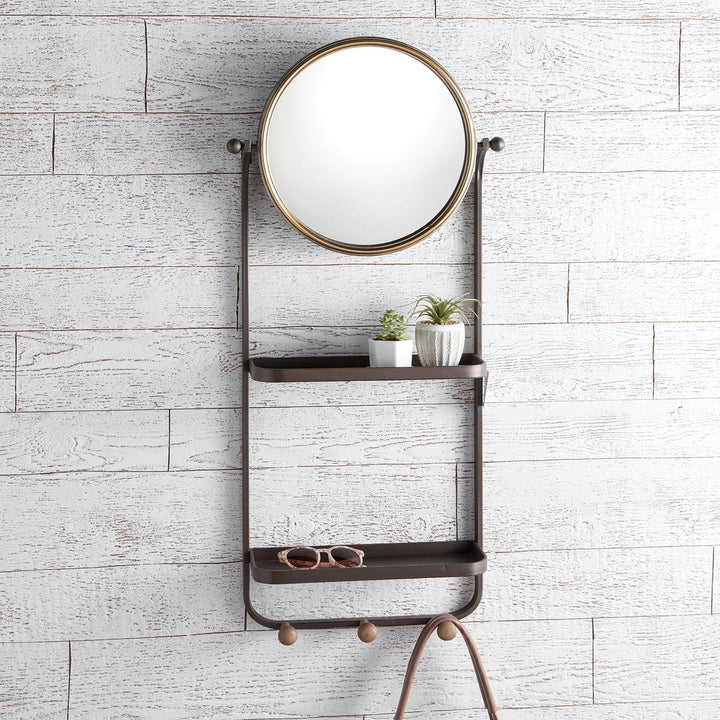 Metal Hanging Mirror and 2 Shelves  - Antique Walnut