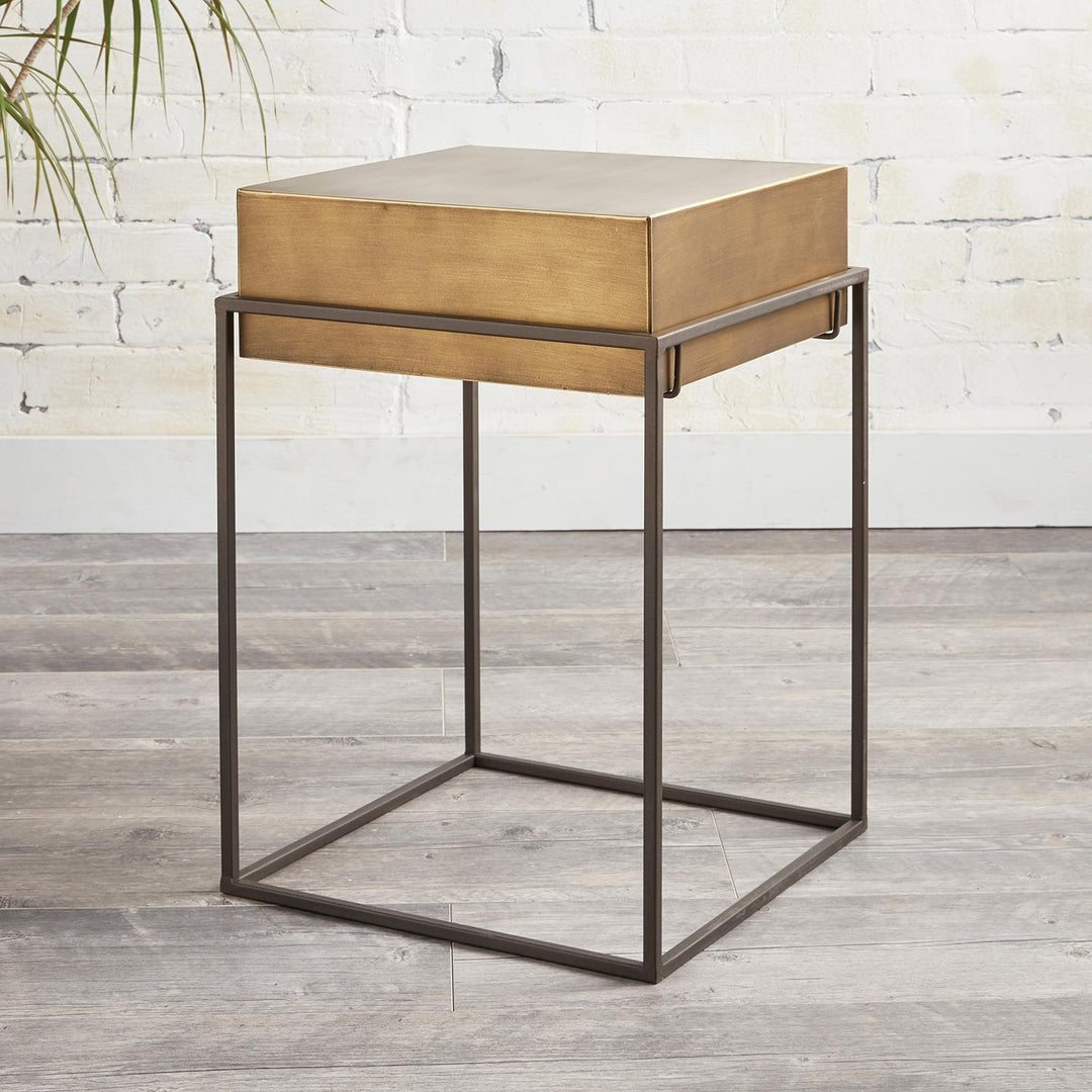 Metal with Gold Tone Square Side Table - Beige