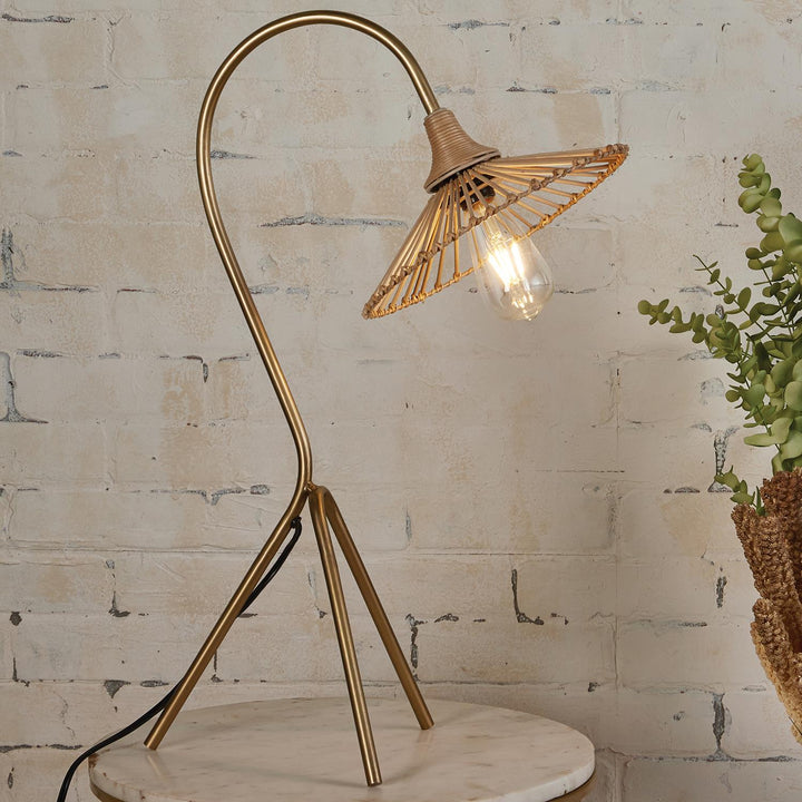 Rattan Table Lamp with Brass Base - Beige