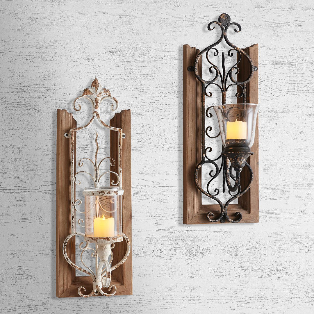 Rustic Wall Firwood Candleholder with Metal Scroll Design - Brown