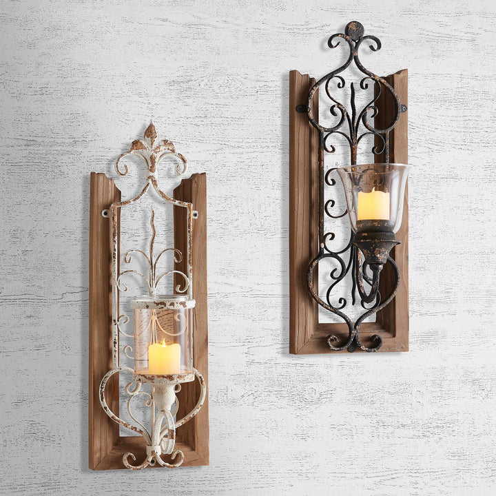 Rustic  Wall Firwood Candleholder with White Metal Scroll Design - Antique White