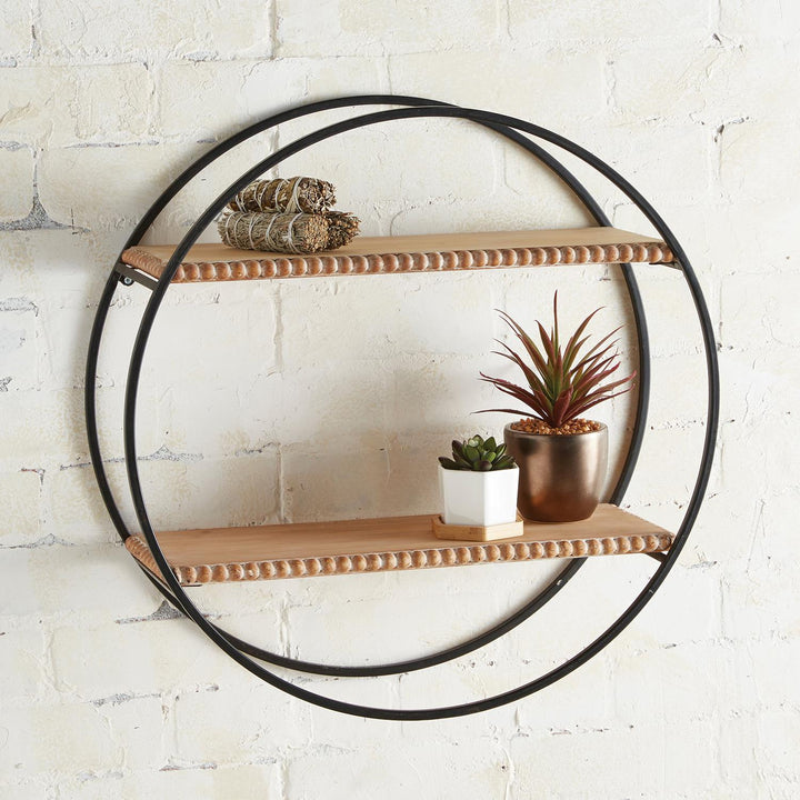 Round Metal Wall Shelf with Wood and Beaded Accents - Black