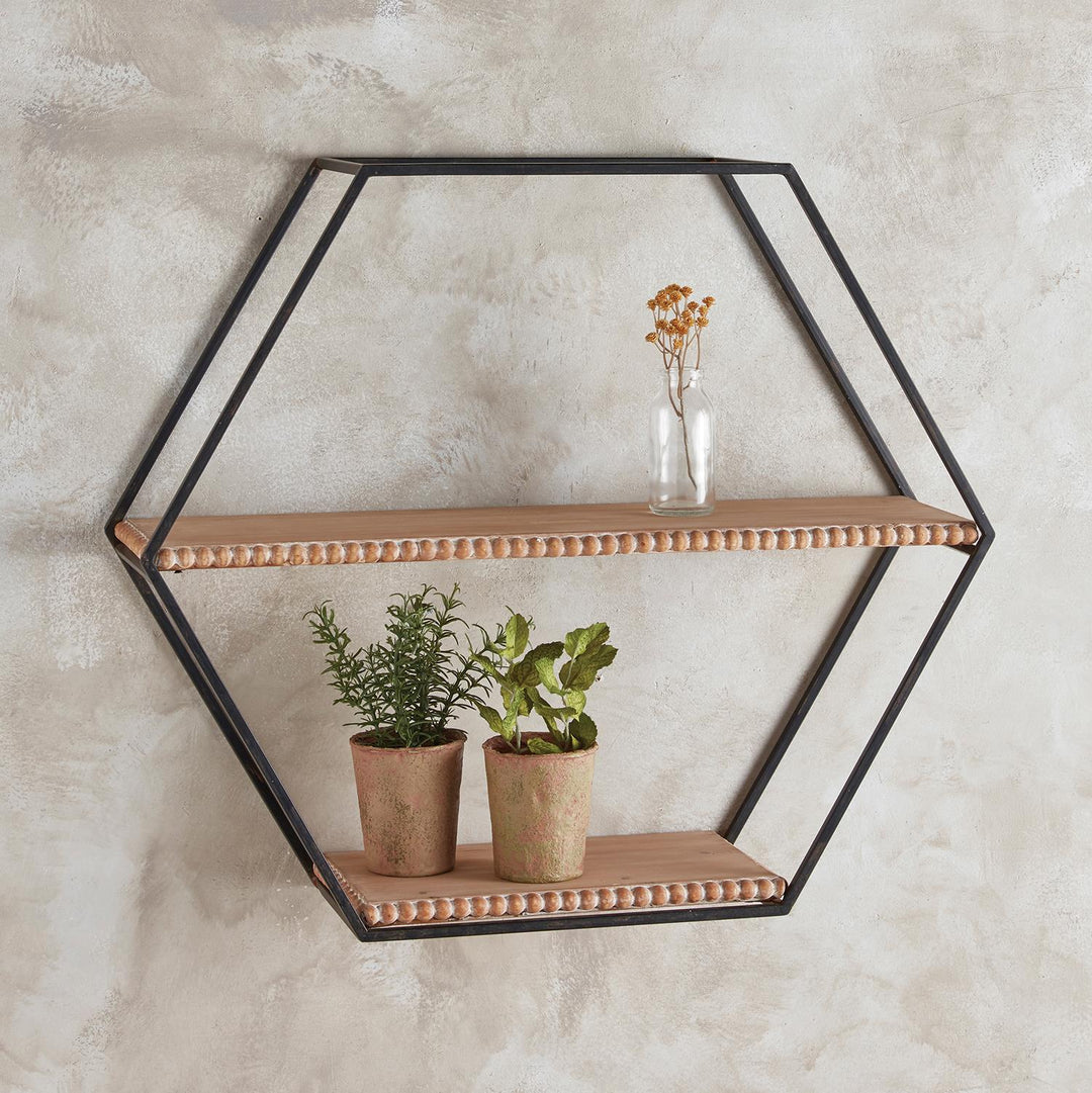 Hexagon Metal Wall Shelf with Wood and Beaded Accent - Beige