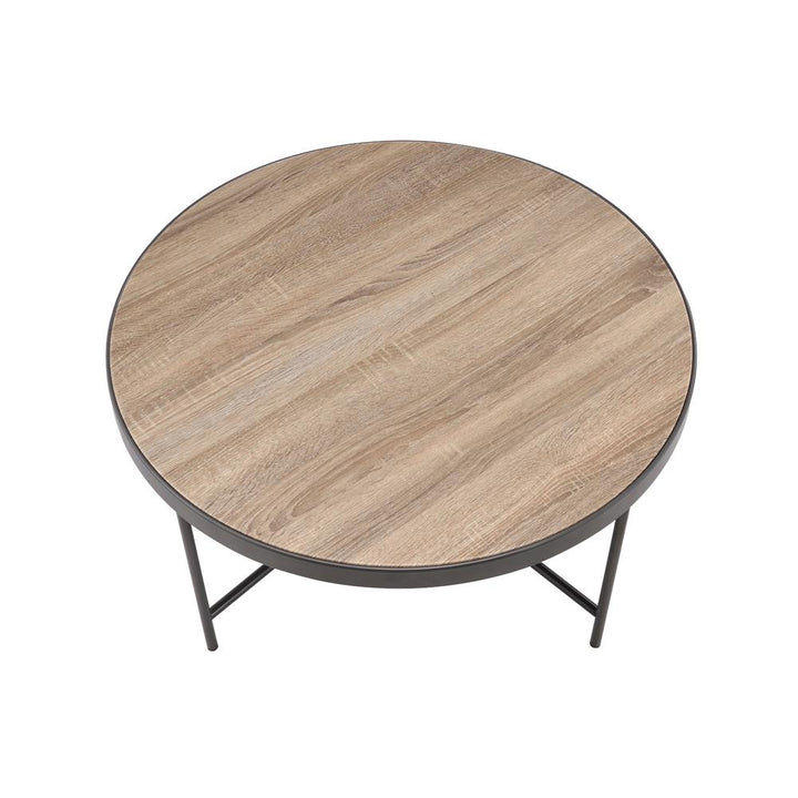 wooden top with metal trim round coffee table - Gray Oak