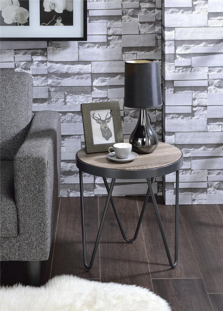 Metal finish round end table - Gray Oak