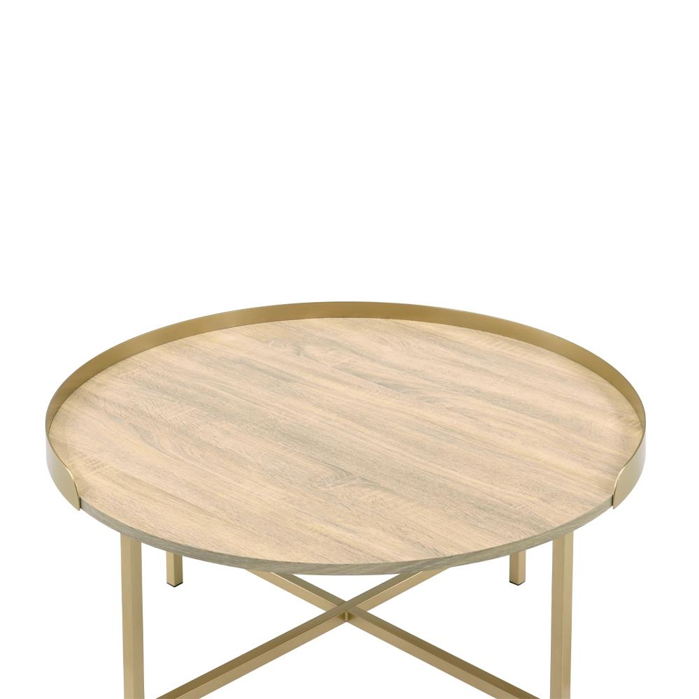 Gold finish tray style table top round coffee table - Oak