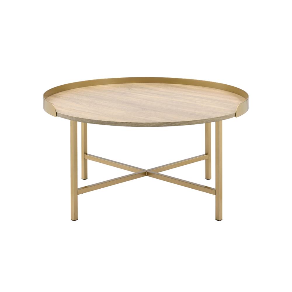 Denby Round Coffee Table with Gold Finish - Oak